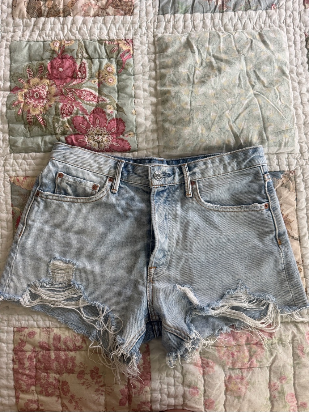 GRLFRND Light Blue Distressed High-Rise Denim Shorts